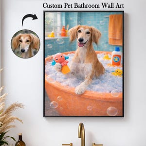Aangepaste kunst aan de muur huisdierportret, poster hond bubbelbad, gepersonaliseerde badkamerdecoratie huisdier