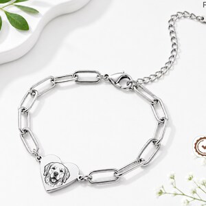 Personalized Pet Memorial Bracelet Using Photo, Engraved Heart Paperclip Jewelry, Dog or Cat Loss Keepsake Gift for Her And Mom