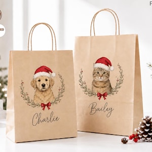 Op de afbeelding: Twee lichtbruine papieren cadeauzakjes met gedraaide papieren handvatten. Elke tas heeft een illustratie van een dier met een rode kerstmuts in een groene krans met een rode strik. De ene tas toont een golden retriever genaamd Charlie, de andere een kat genaamd Bailey.