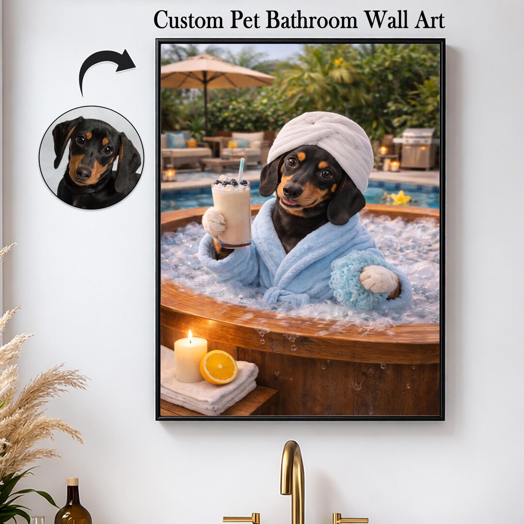 Custom Dachshund Spa Portrait, Funny Dog Bath Wall Art, Pet Lover Decor ...