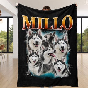 Personalized Vintage Bootleg Pet Blanket, Custom Multiple Dog or Cat Photo Throw with Name, Retro Pet Collage Sherpa Blanket Gift