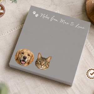May include: A square gray notepad featuring the white printed text "Notes from Max & Luna" at the top, accompanied by two small white paw print icons. Below the text, there are realistic color portraits of a golden retriever and a tabby cat.