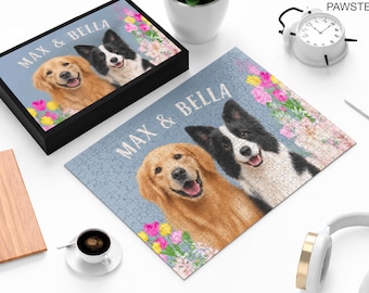 Personalized Watercolor Pet Puzzle: Custom Dog Cat Jigsaw with Name, Floral Design