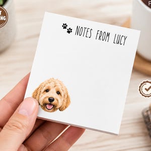 Peut inclure: Un bloc-notes carré blanc avec le texte noir "NOTES FROM LUCY" en haut, accompagné de deux petites icônes d'empreintes de pattes noires. Une illustration détaillée d'un chien doré avec une expression souriante est placée en bas à gauche.