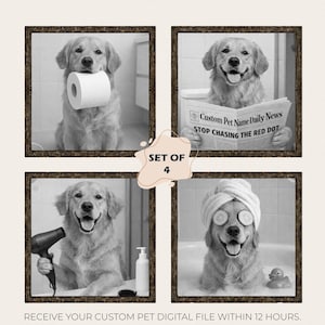 May include: Set of four framed black and white photos featuring a Golden Retriever in various bathroom scenarios. One holds a toilet paper roll, another reads a newspaper, a third uses a hairdryer, and the last relaxes in a bath with cucumber slices.