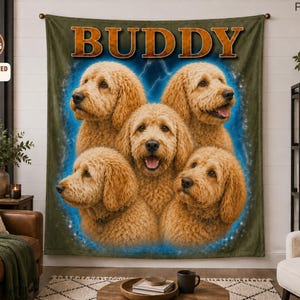 Personalized Retro Pet Blanket with Custom Photos, Vintage Bootleg Dog or Cat Collage Throw, Multiple Pet Sherpa Blanket with Name