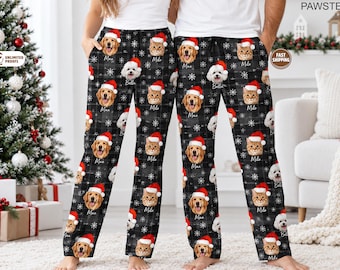 Custom Pet Christmas Pajama Pants, Watercolor Dog or Cat Portraits with Names, Santa Hat Plaid PJs for Men and Women