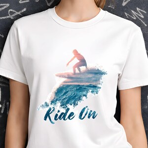 Ride On Surfing T-shirt: Ocean Wave Double Exposure Design