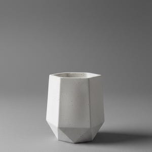Peut inclure: Un pot de fleurs en béton blanc avec un design extérieur géométrique à multiples facettes. Le récipient présente une ouverture supérieure hexagonale et une surface texturée avec de petites bulles d'air visibles, créant un aspect industriel.