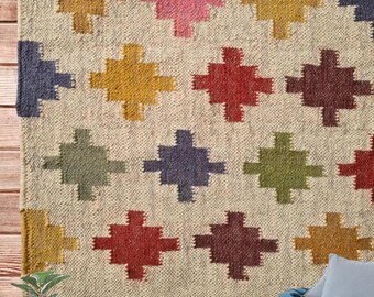 Handwoven Wool Jute Kilim Rug – Bohemian Geometric Area Rug, Tribal Vintage Carpet, Handmade Flatweave Floor Decor, Natural Fiber Runner