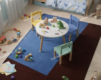 Alfombra de lana escandinava Japandi, tejida a mano en azul y granate: Rya I, diseño minimalista moderno escandinavo, todos los tamaños personalizados, para uso intensivo, decoración del hogar.