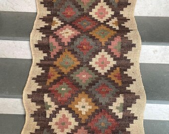 Multicolor Kilim Stair Runner | Vintage Aztac Motif Style | Handmade Turkish Stair Decor | Geometric Traditional Hallway , Entryway Runner.