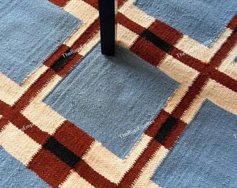 Alfombra de lana geométrica: Alfombra de tejido plano tejida a mano • Alfombra moderna de lana azul/roja • Todos los tamaños personalizados • Alfombra de lana escandinava de alto tránsito • Japandi