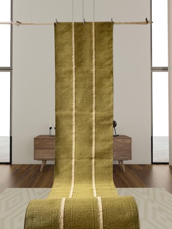 Wool Stairs Runner Rug | Earthy Green Runner Rug, Handwoven Rug for Bedside | Entryway | Kitchen | Modern Decor | Custom Sizes Rug