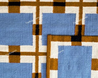 Alfombra de lana de varios tamaños: Alfombra de tejido plano tejida a mano • Alfombra moderna de lana azul/naranja, todos los tamaños personalizados, alfombra de lana escandinava de alto tránsito Japandi