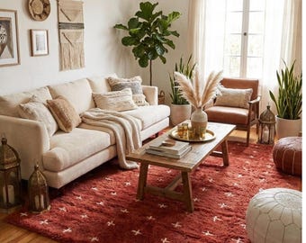 Terracotta Beni Ourain Rug | Hand-Knotted Moroccan Wool Carpet | Rust Red Tribal Area Rug for Living Room | Earthy Boho Berber Rug, Custom