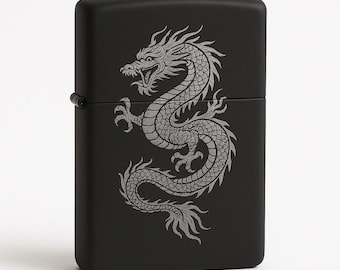 Isqueiro estilo Zippo com dragão e lata – Isqueiro estilo Zippo personalizado com gravação – Design de dragão asiático