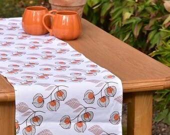 Handmade Cotton-Linen Table Runner: Physalis Botanical Print, Fall Decor (145x30 cm)