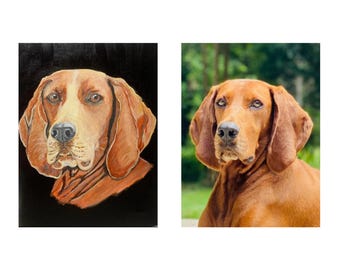 May include: Two images side-by-side. The left image is a portrait of a dog painted on a black background. The right image is a photograph of a dog outdoors. Both images feature a dog with brown fur and floppy ears.