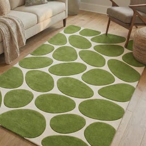 Handmade Green Oval Pattern Rug, Boho Living Room Decor