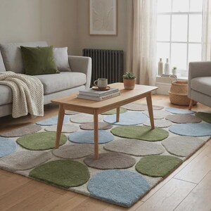 Handmade Circle Pattern Rug: Sage, Blue, Terracotta (Custom Sizes Available)