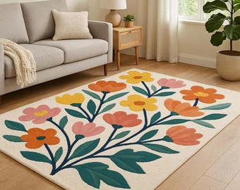 Hand Tufted Wool Floral Area Rug, Modern Botanical Pattern Carpet,Cream Colorful Living Room Decor, Custom Size Bedroom Floor Rug