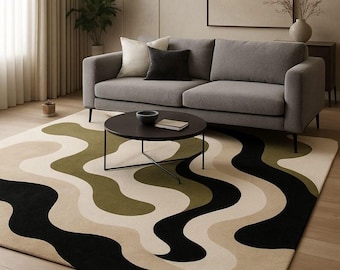 Hand Tufted Wool Rug | Abstract Wave, Modern Neutral Carpet