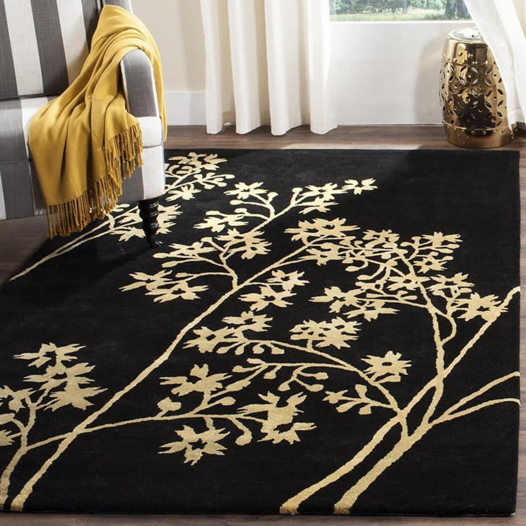 Handmade Black Wool Rug, Gold Floral Botanical Design - Etsy