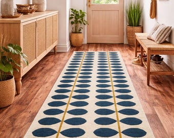 Tappeto da corridoio in lana annodato a mano / Design scandinavo Blue Leaf