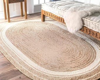 Alfombra de yute trenzada tejida a mano: borde festoneado de fibra natural