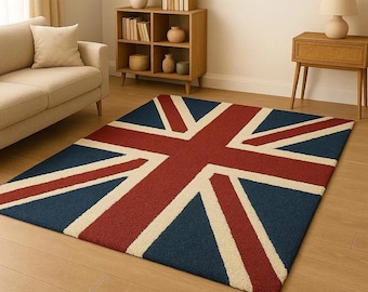 Union Jack Rug – British Flag Area Carpet, UK Home Decor, Red Blue White Patriotic Rug, London Themed Floor Mat, Modern British Style Room