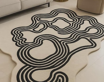 Hand Tufted Wool Area Rug | Abstract Black & Ivory Line Art