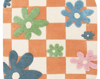 Handmade Wool Checkerboard Flower Rug, Retro Boho Decor