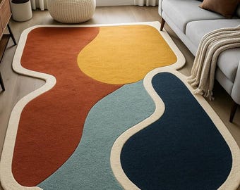 Handgetuft wollen vloerkleed | Abstract kleurblok, terracottablauw en mosterd