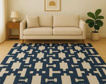 Hand-Tufted Wool Area Rug | Blue Cream, Modern Motif