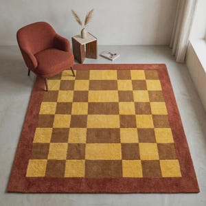 Handmade Checkered Rug: Yellow, Brown, Terracotta Border (Custom Sizes)