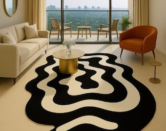 Black & White Abstract Wavy Area Rug – Modern Irregular Shape Carpet, Bold Aesthetic Living Room Decor, Trendy Contemporary Statement Rug