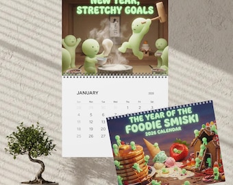 Smiski Inspired 2026 Calendar - Food Lover | Cute Green Figures & Kawaii Aesthetic Desk Decor