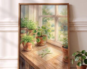 Smiski Inspired Poster, Whimsical Watercolor Plant Wall Decor