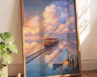 May include: A framed wall art print featuring a red train traveling on tracks over a calm body of water. The scene includes a sunset sky with large, fluffy clouds, reflections on the water surface, and small figures standing on a stone platform.