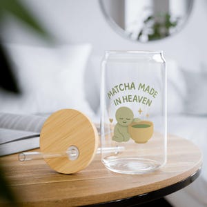 Matcha Glass Cup 16oz Smiski Inspired | Bamboo Lid & Straw – Matcha Made in Heaven Cute Kawaii Drinkware Gift for Tea Lovers image 2