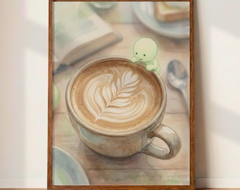 Lámina decorativa de café con leche Smiski / Decoración de pared con acuarela (Descarga digital)
