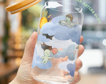 Smiski Inspired Glass Cup 16oz | Kawaii All Over Print Tumbler | Bamboo Lid & Straw | Japanese Aesthetic Cute Drinkware Gift