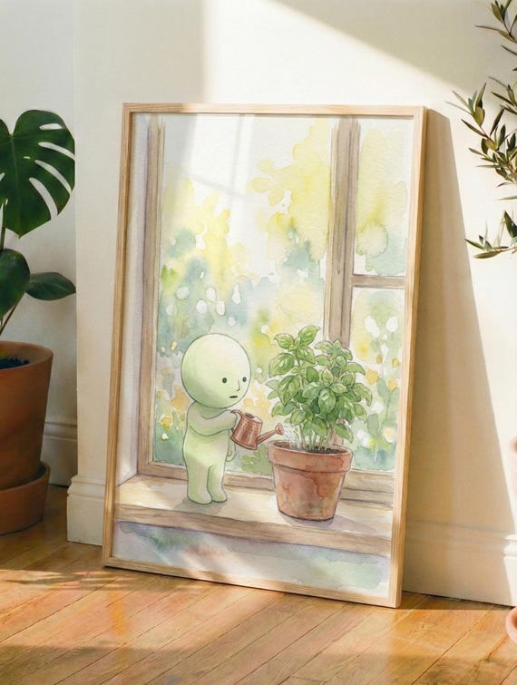 Smiski Watering Plants Print, Cute Kitchen Wall Art, Cottagecore