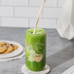 Matcha Glass Cup 16oz Smiski Inspired | Bamboo Lid & Straw – Matcha Made in Heaven Cute Kawaii Drinkware Gift for Tea Lovers image 3