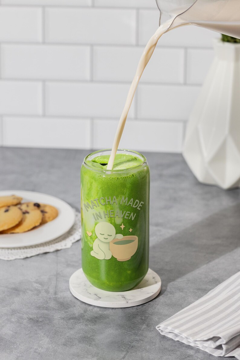 Matcha Glass Cup 16oz Smiski Inspired | Bamboo Lid & Straw – Matcha Made in Heaven Cute Kawaii Drinkware Gift for Tea Lovers image 3