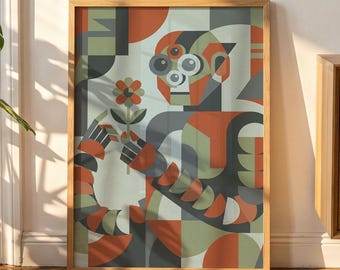 Roboterposter inspiriert von „Das Schloss im Himmel“, geometrische Wandkunst im Mid-Century-Stil, pastellfarbene Anime-Dekoration, Retro-Ghibli-Druck