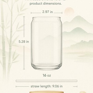 May include: A clear glass can-shaped tumbler with a bamboo lid, straw, and matcha whisk. The tumbler is 7.5 cm wide and 13.4 cm tall, with a 473 ml capacity. The straw is 23 cm long. The image includes a size guide.