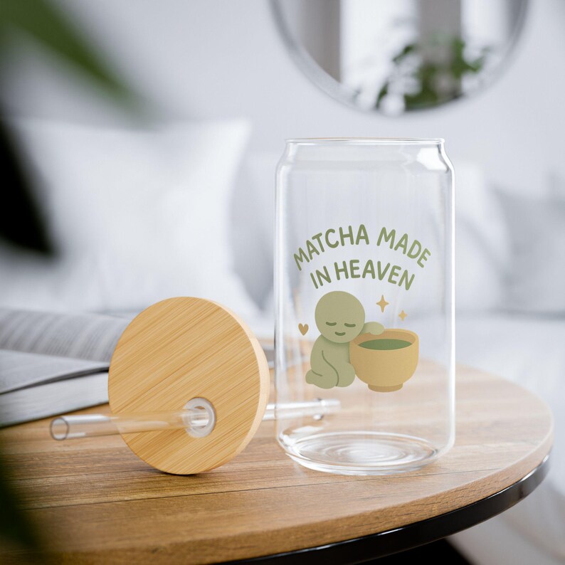 Matcha Glass Cup 16oz Smiski Inspired | Bamboo Lid & Straw – Matcha Made in Heaven Cute Kawaii Drinkware Gift for Tea Lovers image 2