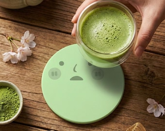 Smiski Ceramic Coaster | Cute Smiski Face Drink Mat | Kawaii Desk Decor | Funny Green Aesthetic Housewarming Gift | Round Cork Bottom